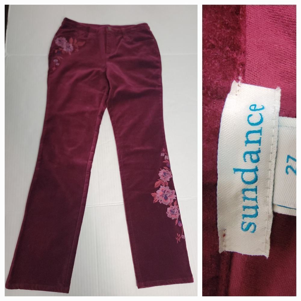 Sundance Pants 27 Velvet Burgundy Slim Straight Floral Embroidered Bohemian